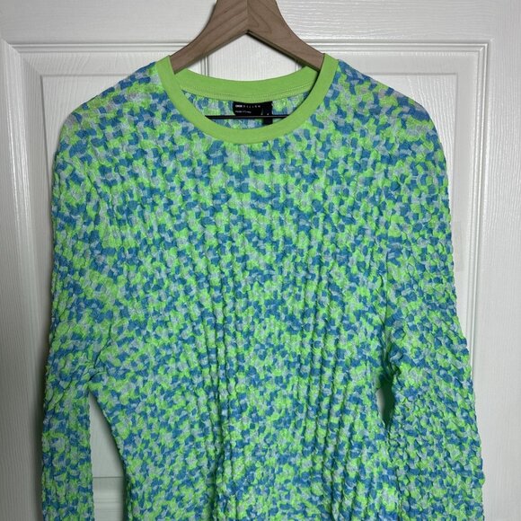 ASOS Men’s XL Puckered Texture Crinkly Long Sleeve Top Lime Green Y2K Checker - Picture 3 of 12